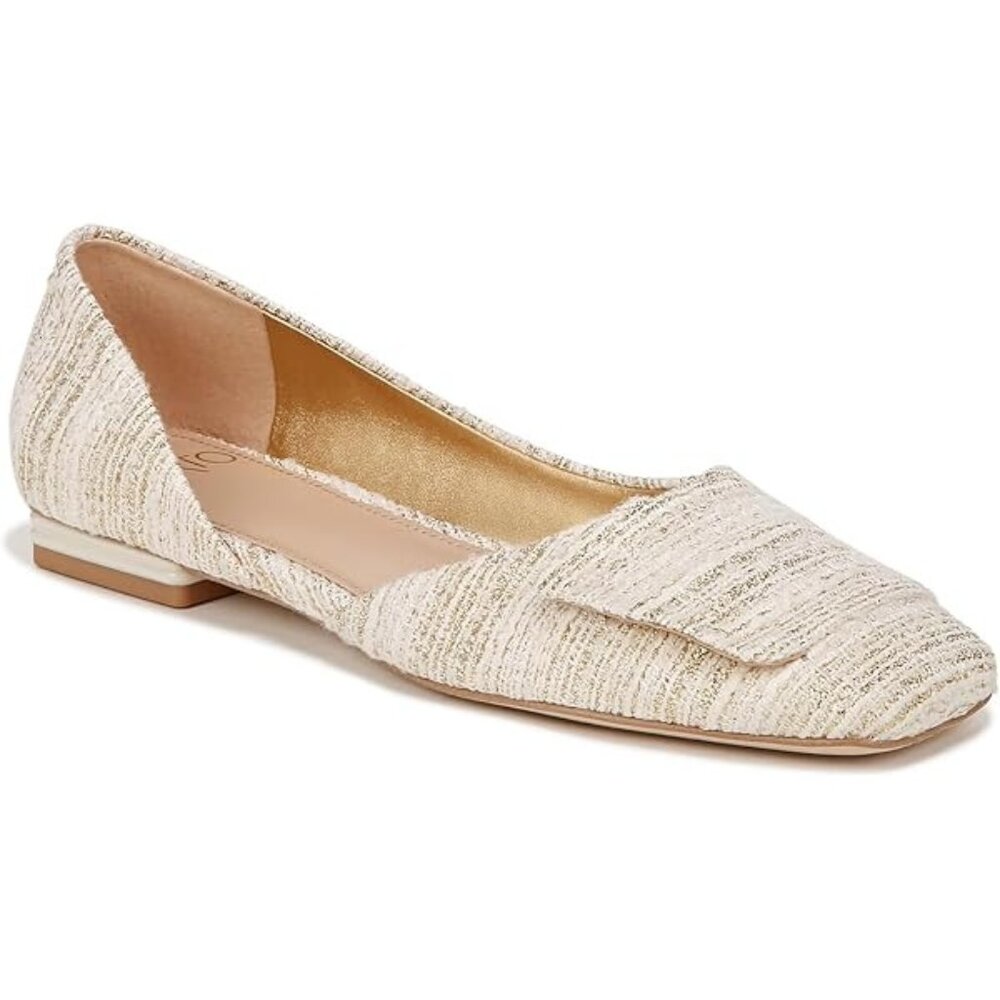 Franco Sarto Women's A-Tracy Square Toe Flat Ballet In Beige gold Fabric Size 6